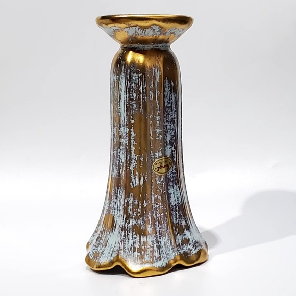 1957 Stangl #3154 Antique Gold, 7.5" 22KT Gold Turquoise Blue Green Flared Vase - Picture 8 of 11